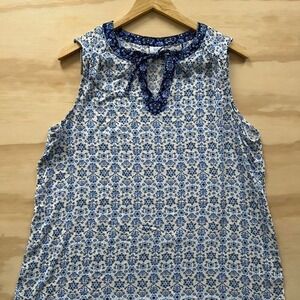 Croft & Barrow Blue Floral Sleeveless Tie Neck Top | 100% Rayon | Size L